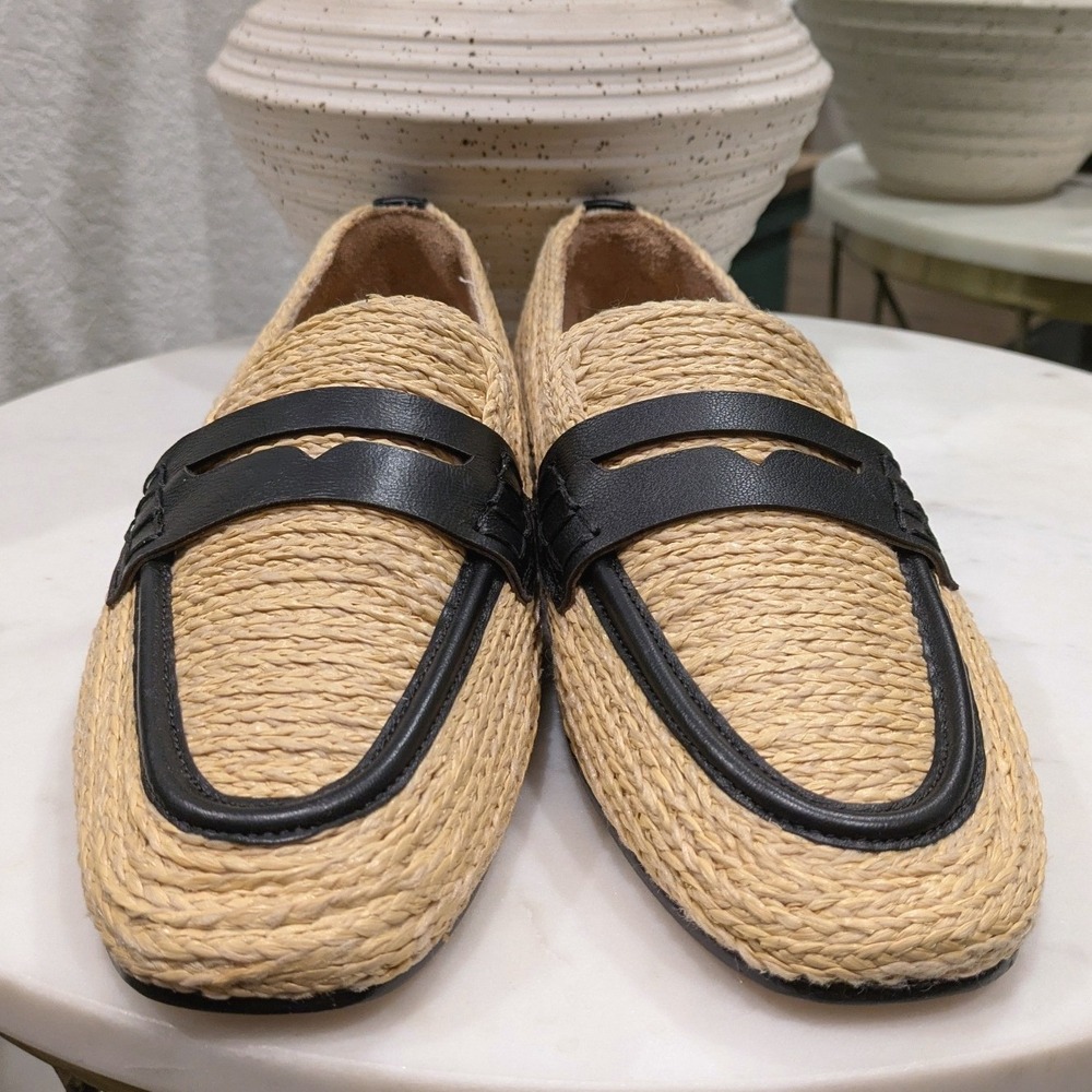 Farm Rio Raffia Penny Loafers Women 7 Beige Black Leather Trim Woven Flat Shoes - Picture 5 of 8